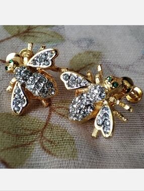 Bee Clear Rhinestone Earrings Comfort Screwbacks Clips Vintage Signed PAT D